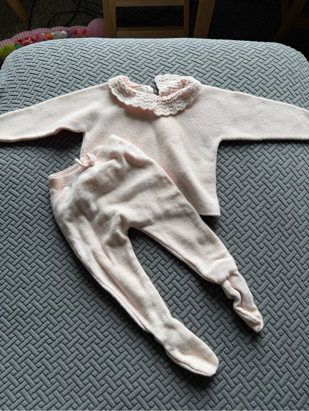Zara Pale Pink Knit Footie Set with Lace Collar